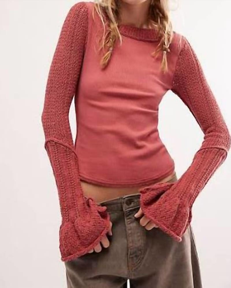 Front of a model wearing a size L Cuffing Season Top in Dusty Cedar in Dusty Cedar by Free People. | dia_product_style_image_id:343564